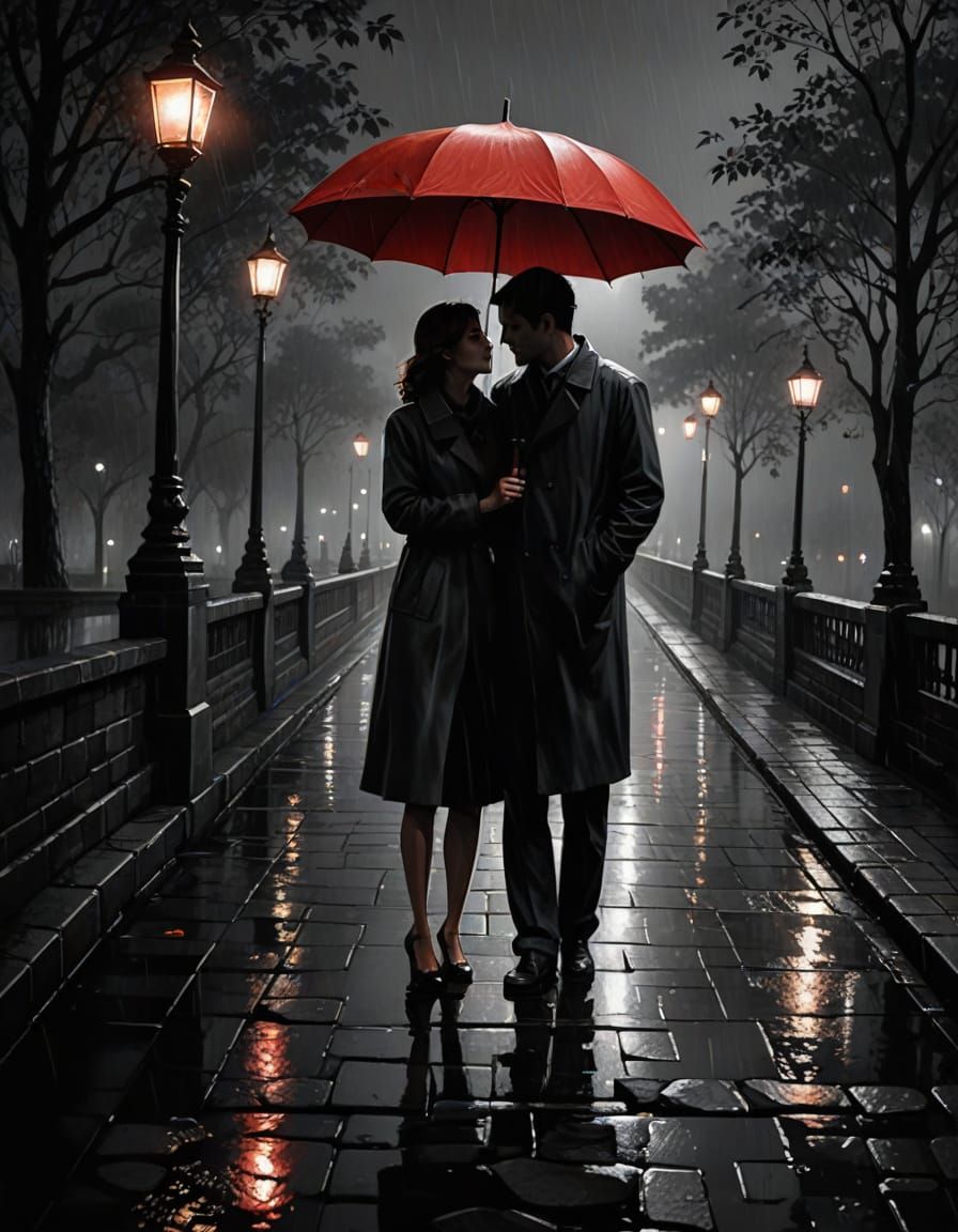 Noir Pencil Drawing of a Romantic Moment Under a Red Umbrell...