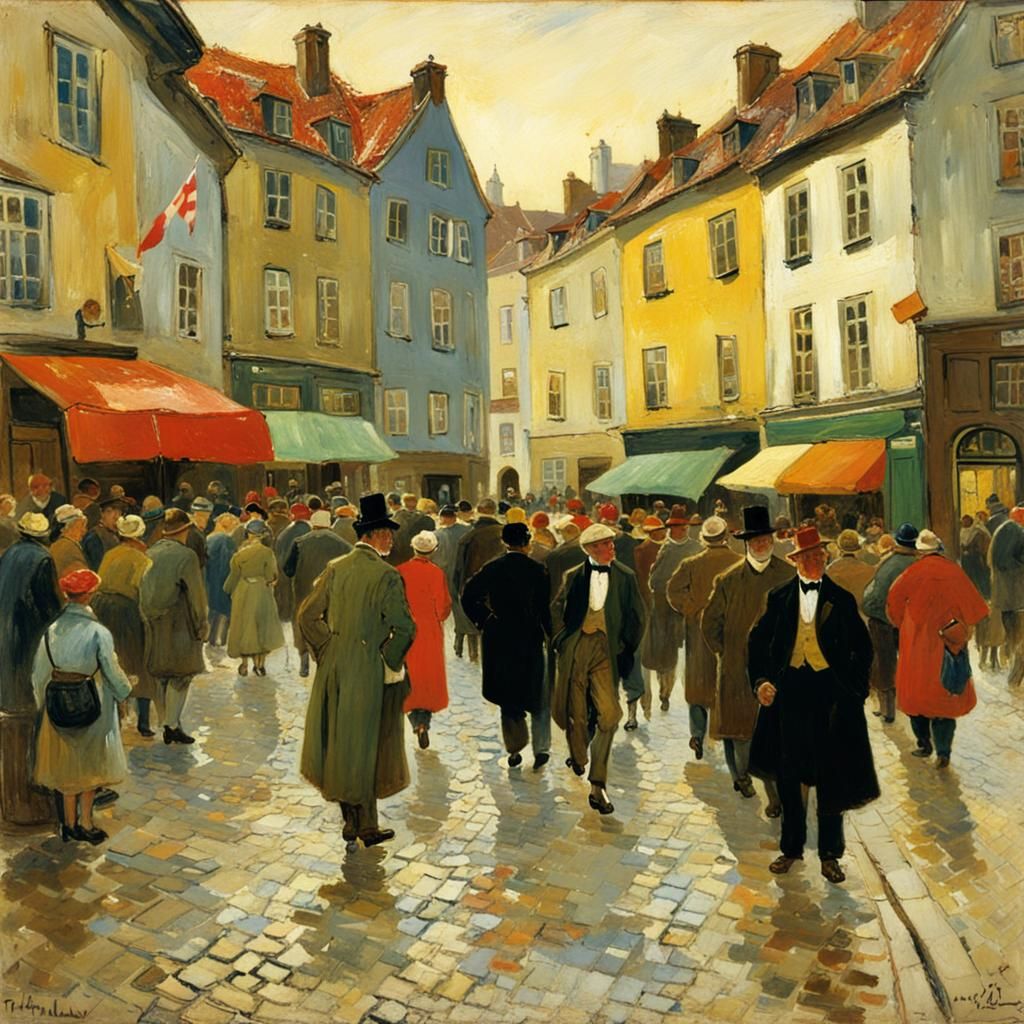 Lively Street Scene in Impressionist Style