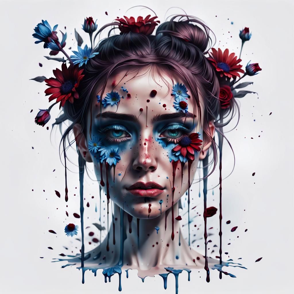 Surreal Portrait of Tired Girl with Flowers