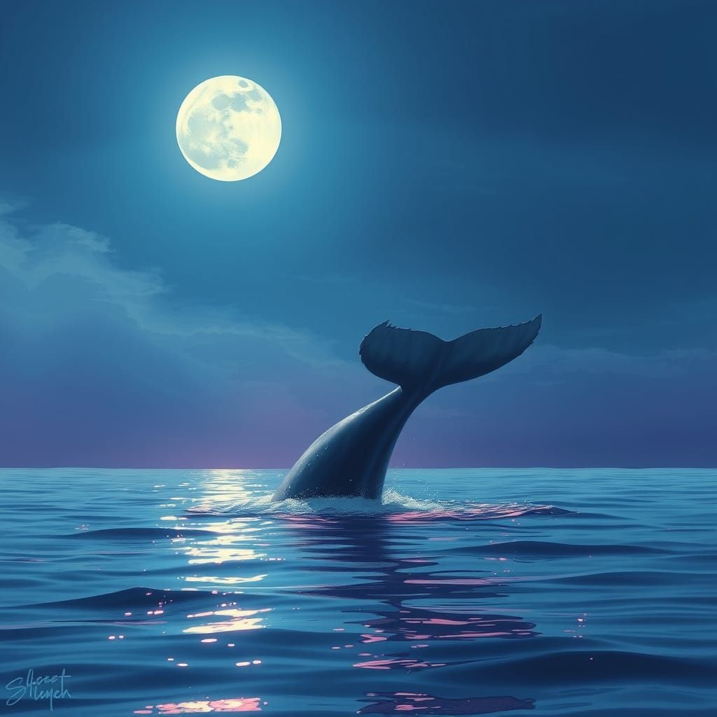 Whale Breaching Under Full Moon, Sapphire & Amethyst Sky