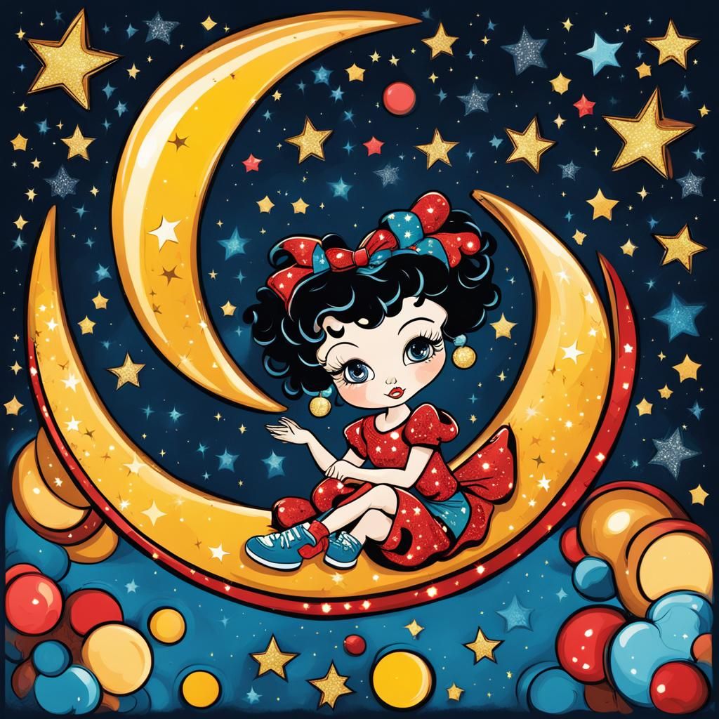 Betty Boop on Crescent Moon in Abstract Art