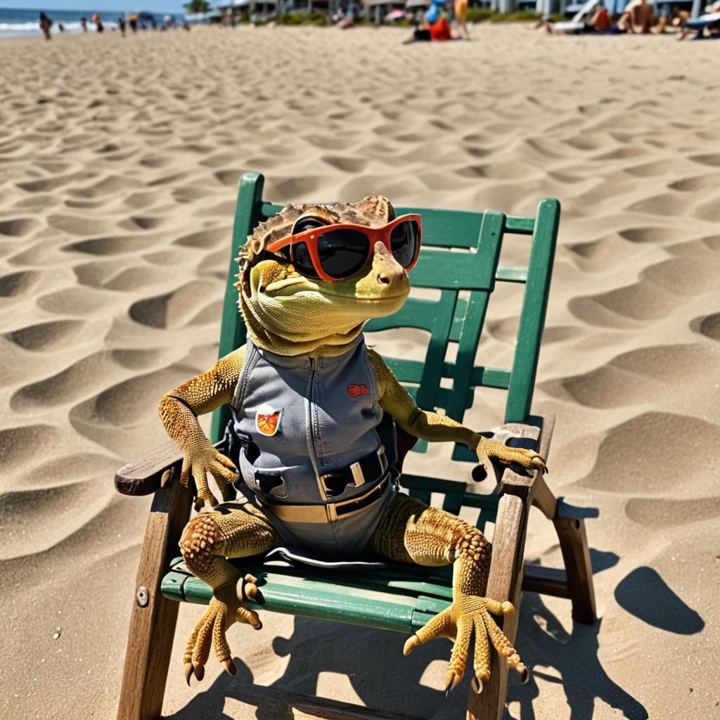 Gecko Lounging on a Sunny Beach in Shorts