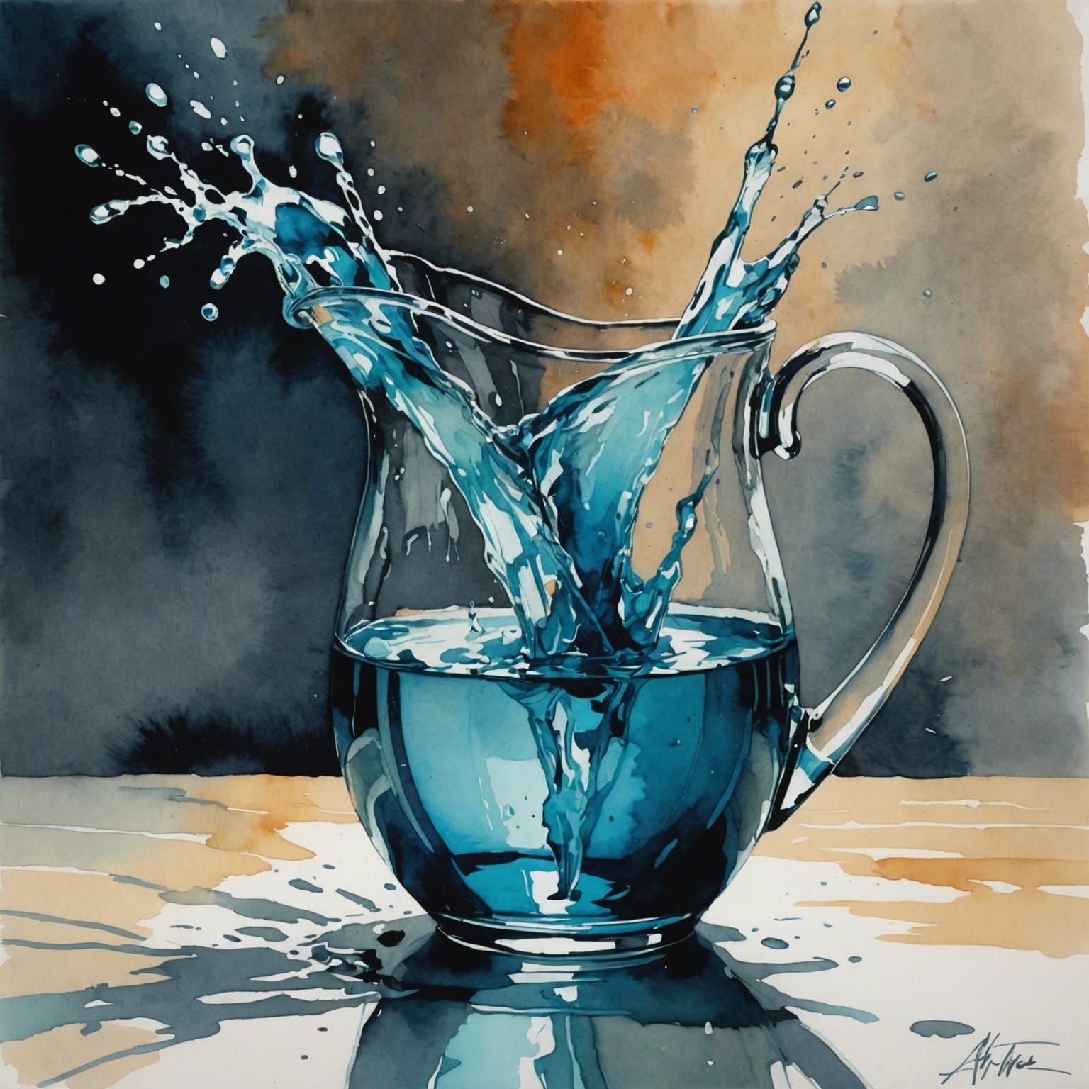 Water Pitcher Explosion in Watercolor Splash Art