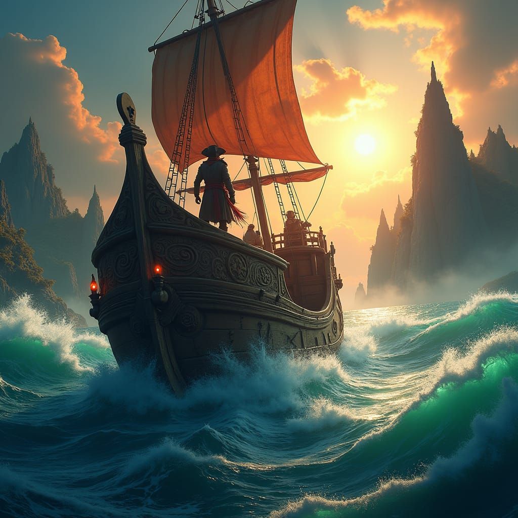 Pirate at Helm on Ancient Ship in Fantasy Setting