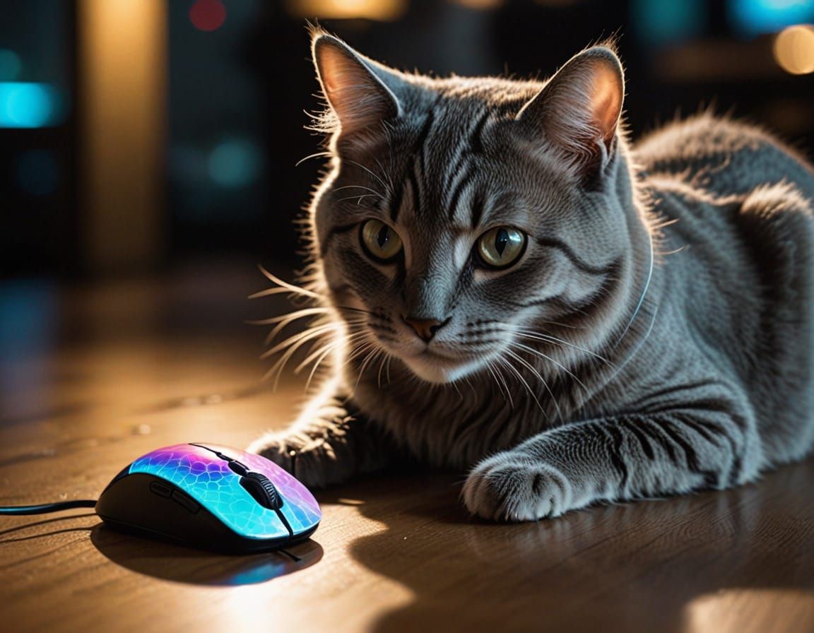 Real Cat Plays with Holographic Mouse