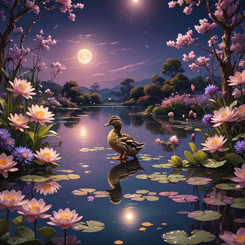 Baby Duck in Moonlit Pond: Anime Realism