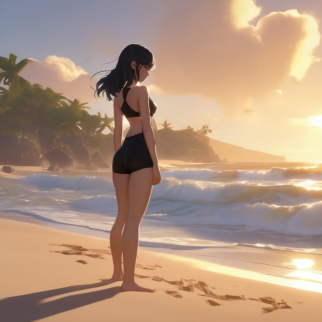 Hyper-Realistic Digital Art of a Young Woman on the Beach