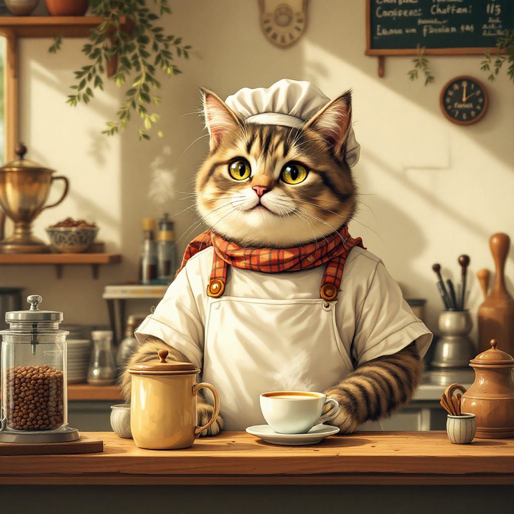 Whimsical Cat Barista in Cozy Coffee Shop Illustration