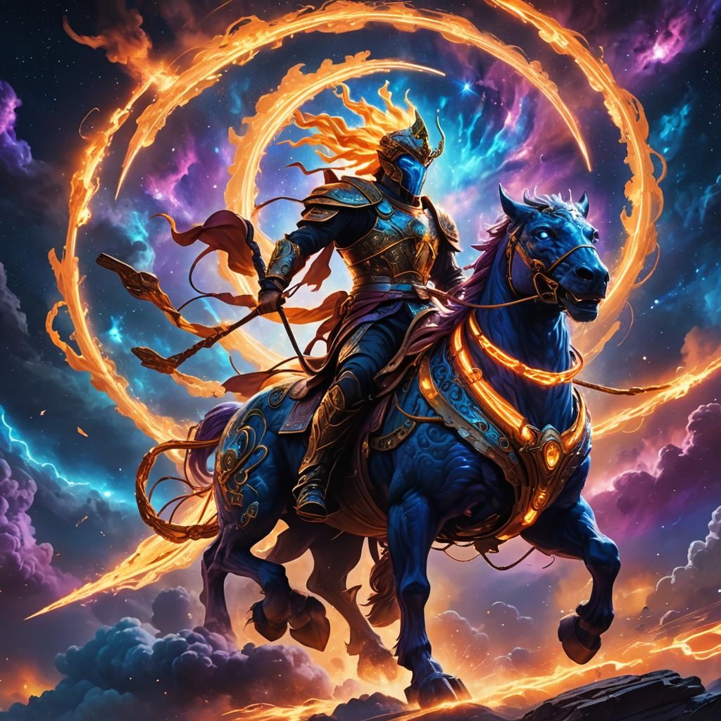 Celestial Warrior's Nebula Ride: Vibrant Digital Art