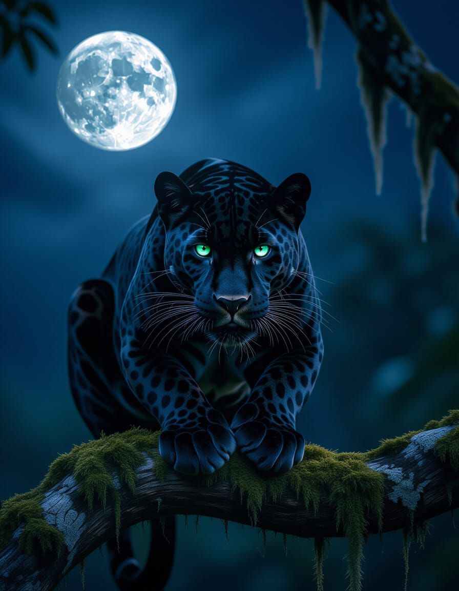 Photorealistic Black Jaguar on Mossy Branch at Night