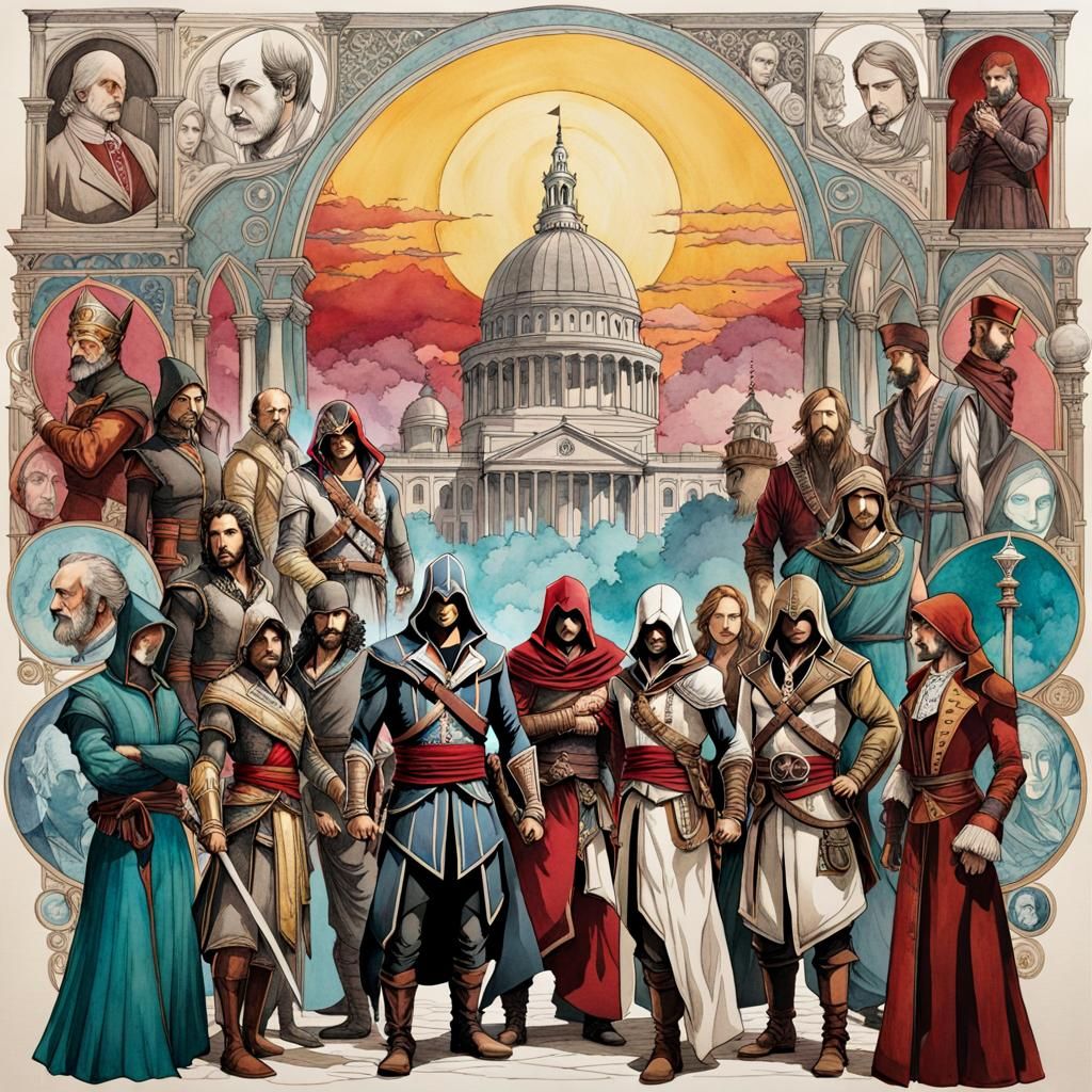 Assassin's Creed Ink and Watercolor Renaissance Collage