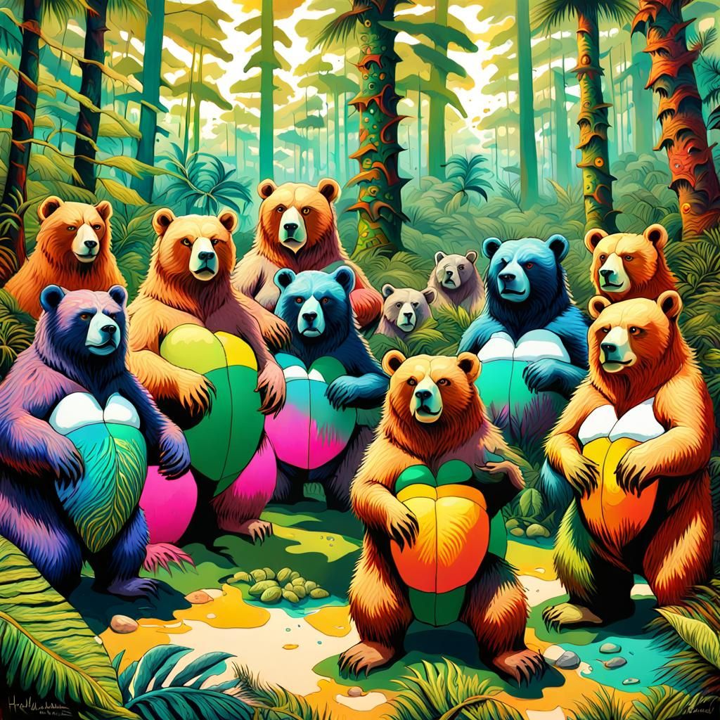 Bikini Bears on Tropical Island, Surreal Impasto Art