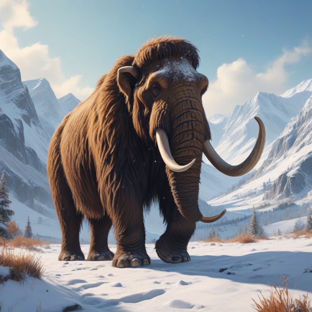 Woolly Mammoth in Snowy Valley: Digital Oil Painting