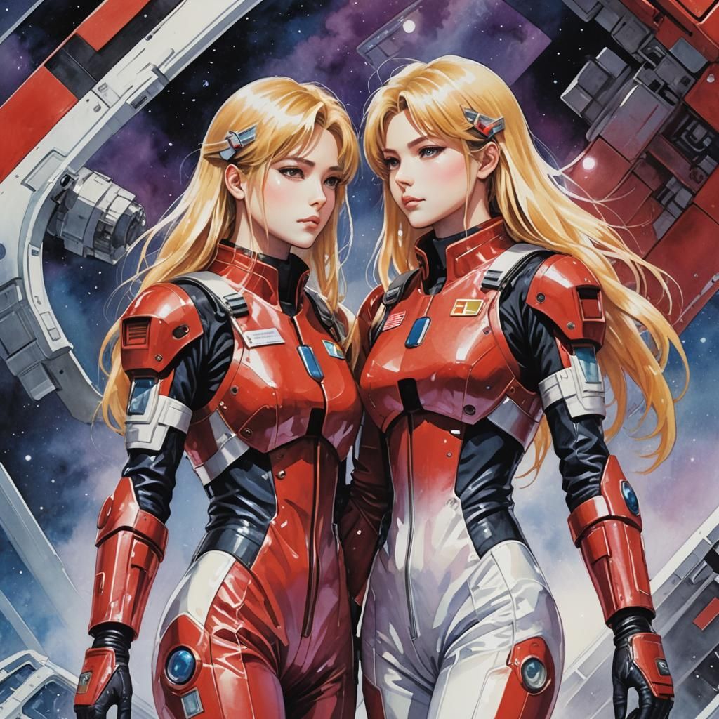 Sci-Fi Pilots Holding Hands in Manga Style