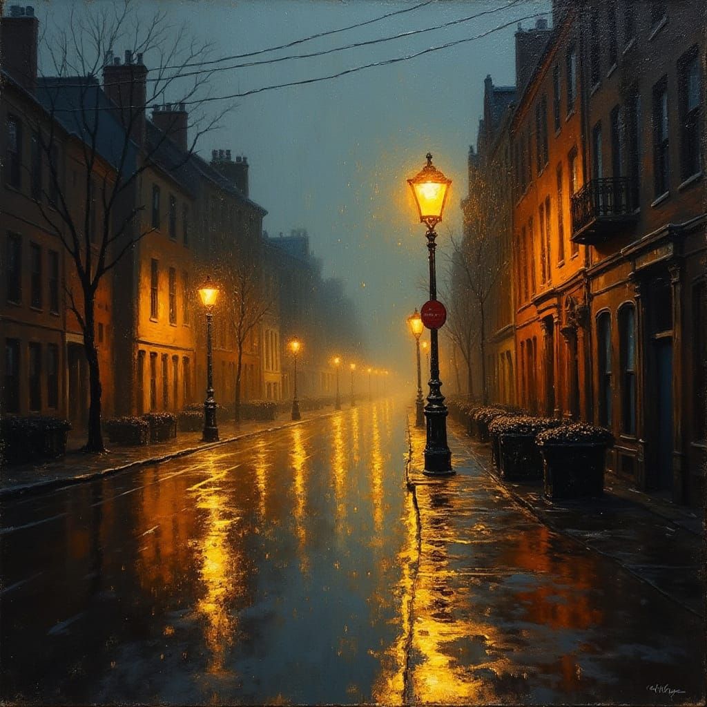 Rainy Street Nocturne in the Style of Impressionist Masters