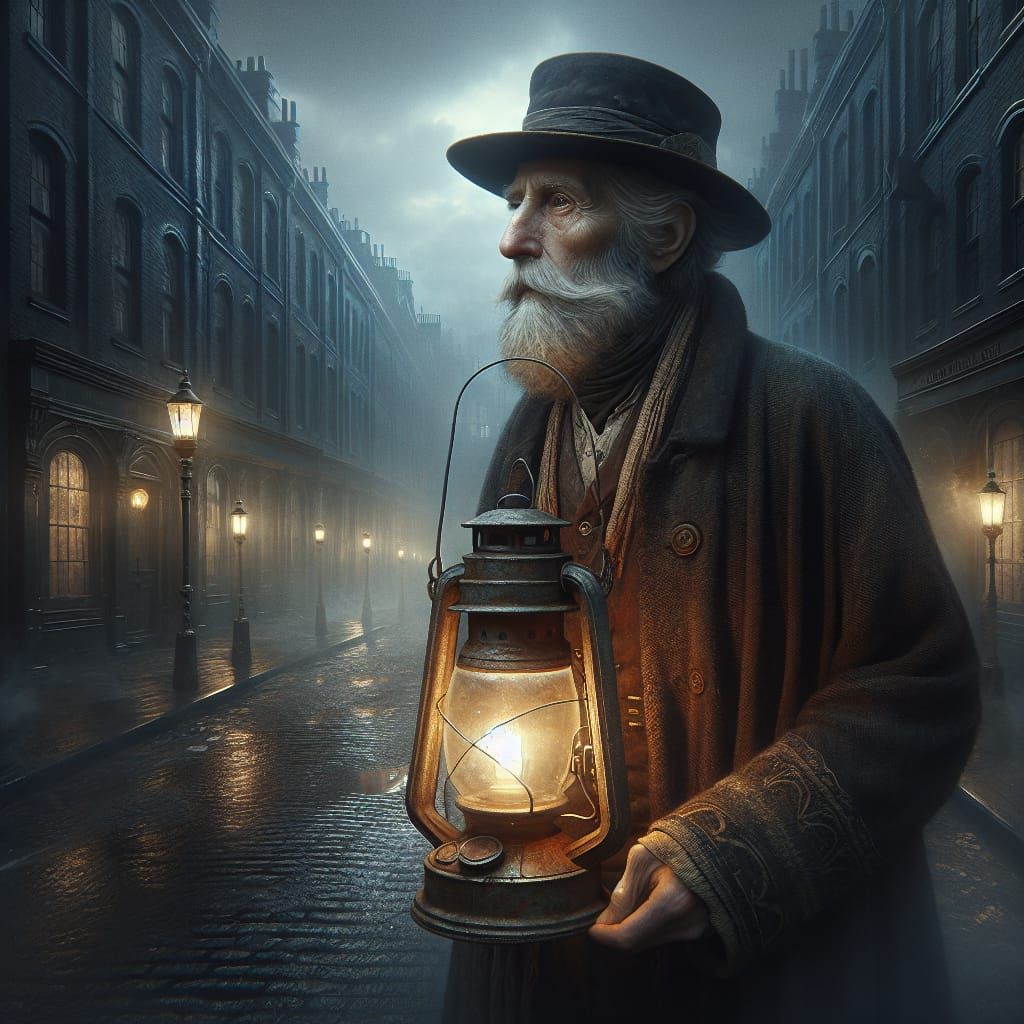 Old Man with Lantern on Dark Street: Matte Painting