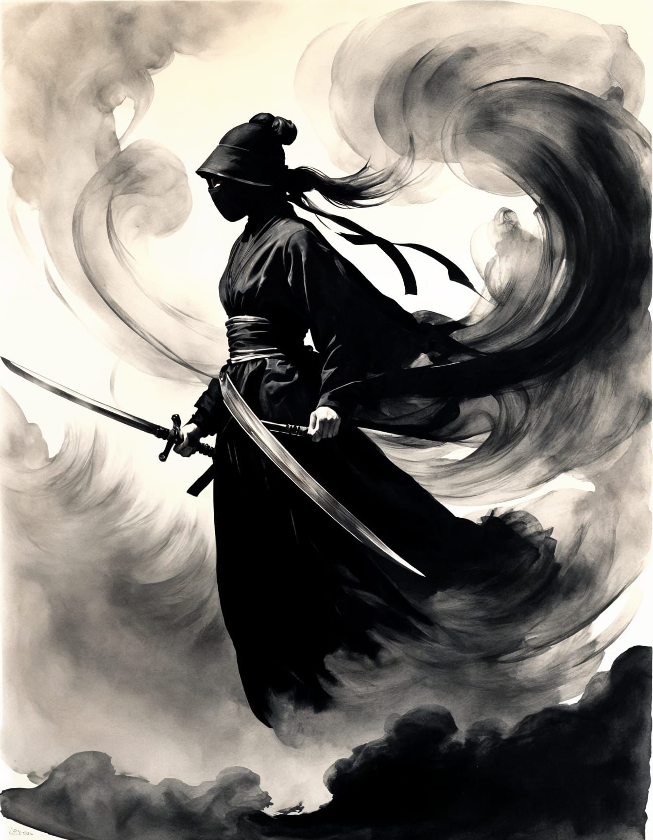 Mysterious Ninja in Ink Wash Style
