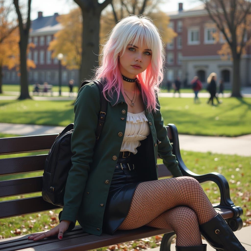 Punk Haired Woman in Victorian Jacket on University Quad