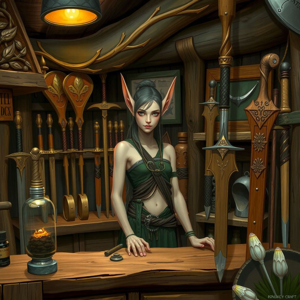Elf in Rustic Weapon Shop
