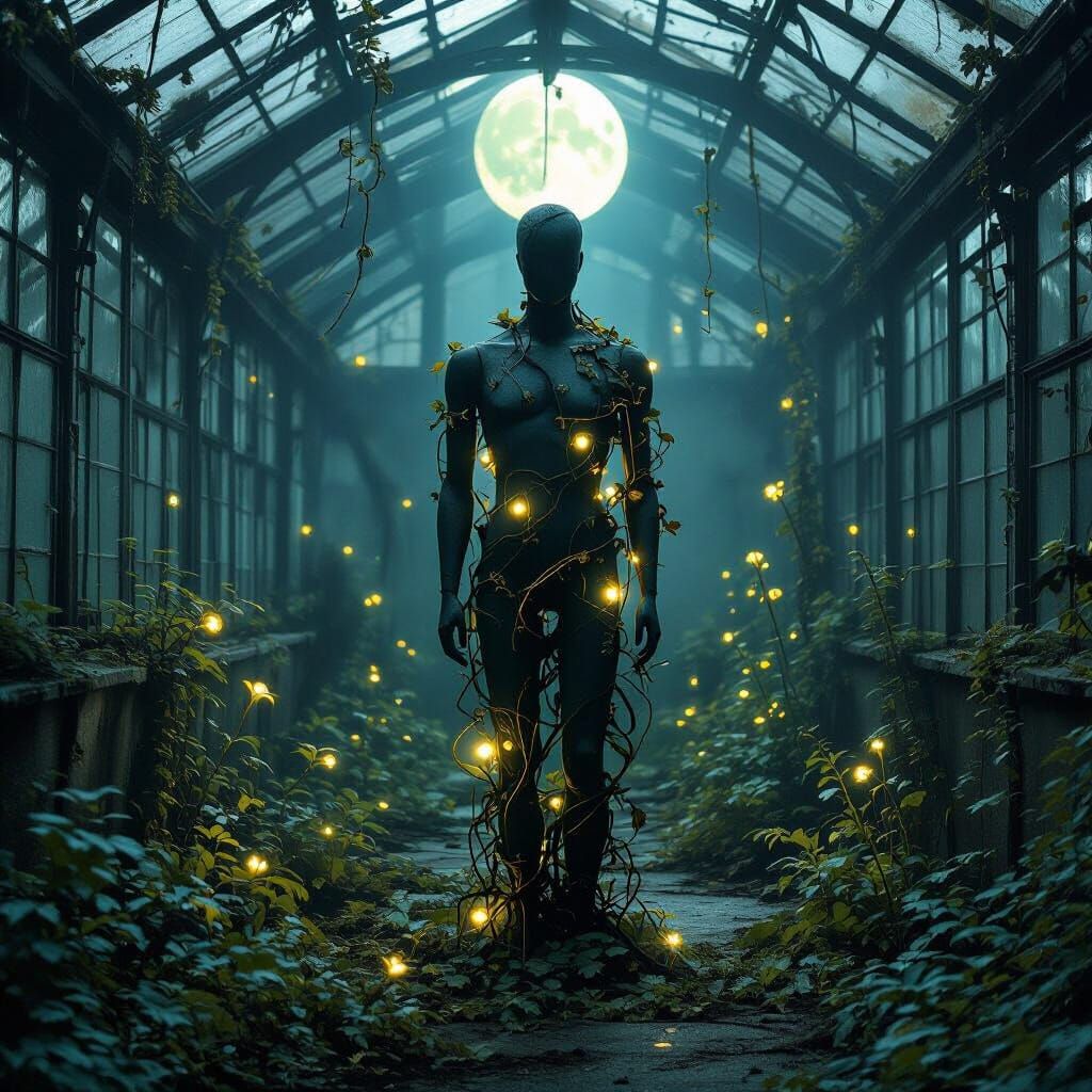 Ethereal Moonlight Overgrown Greenhouse with Mannequin