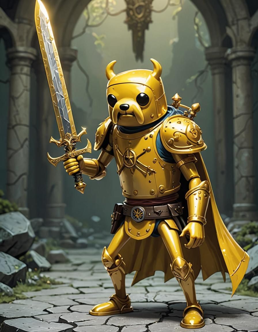 jake adventure time with yellow golden armor and a sword with intrincated metal paths