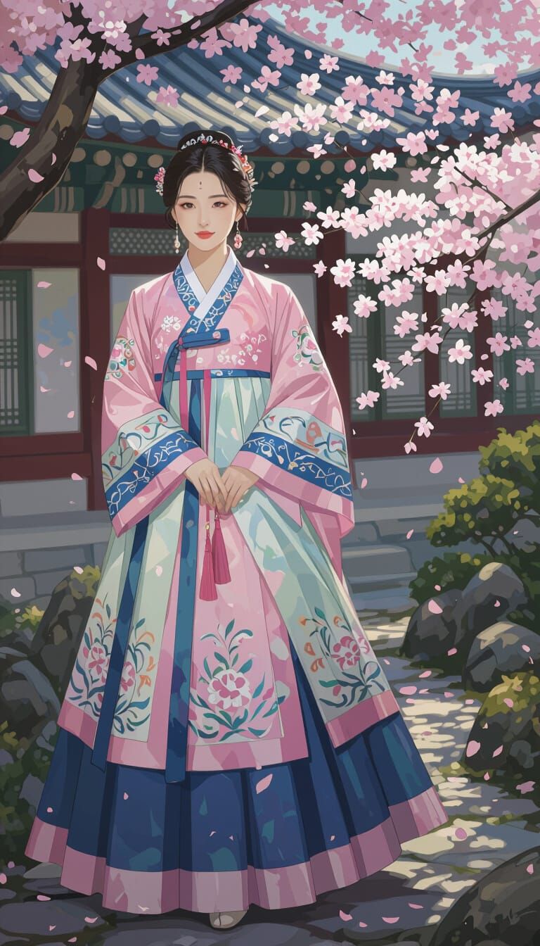 Elegant Korean Woman in Hanbok, Cherry Blossom Temple Garden