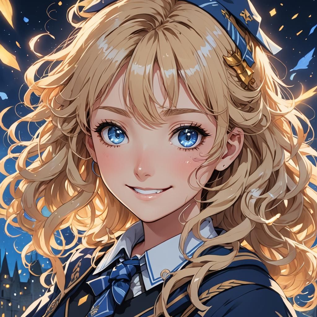 Anime Girl in Ravenclaw Uniform with Radiant Smile
