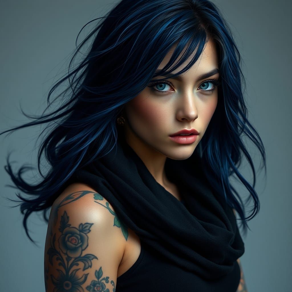 Vibrant Woman with Dark Blue Hair in Digital Painting Style