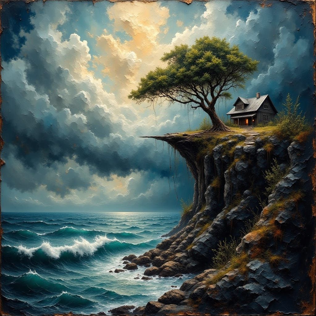 Dark Coastal Cliff House Under Stormy Skies