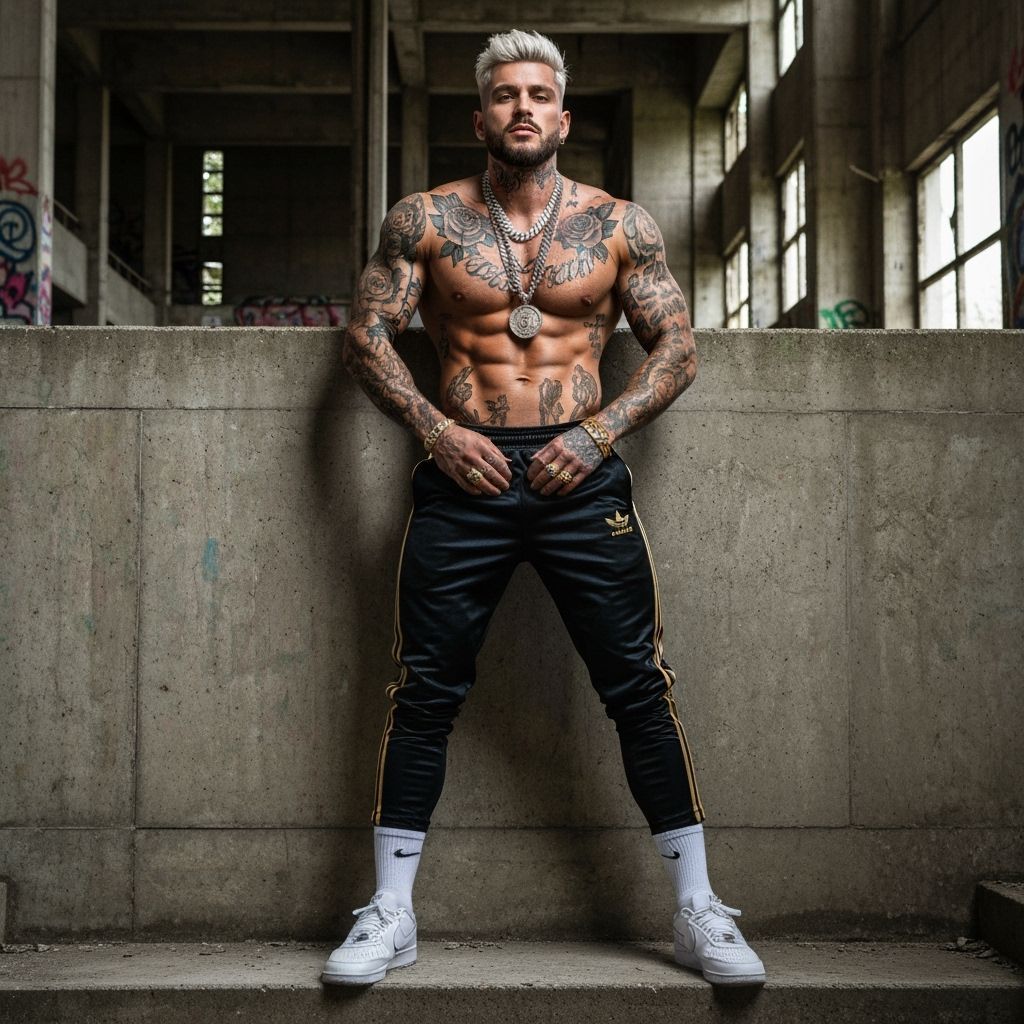 Tattooed Model Poses on Brutalist Steps