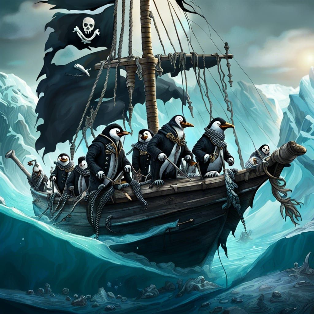 Penguin Pirates Sail the High Seas: Detailed Matte Painting
