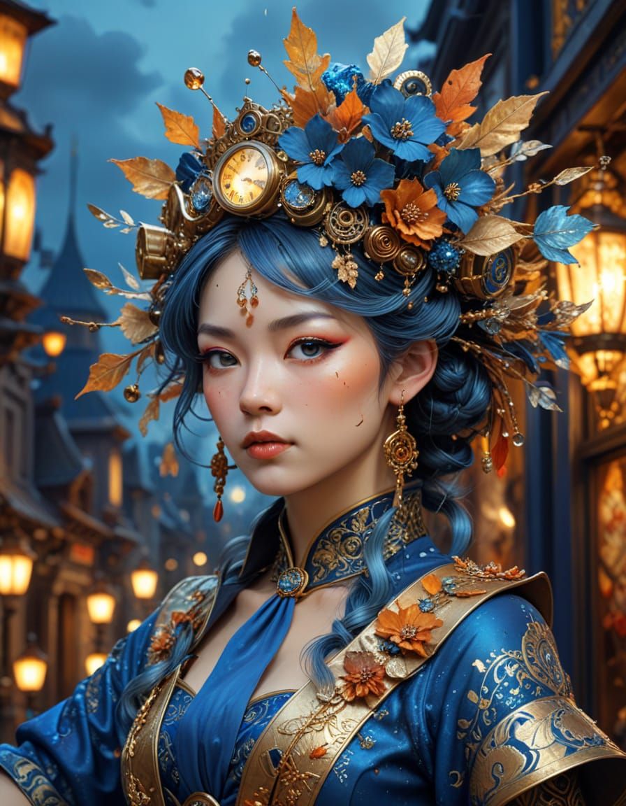 Steampunk Oiran Portrait in Autumn Leaves Headdress