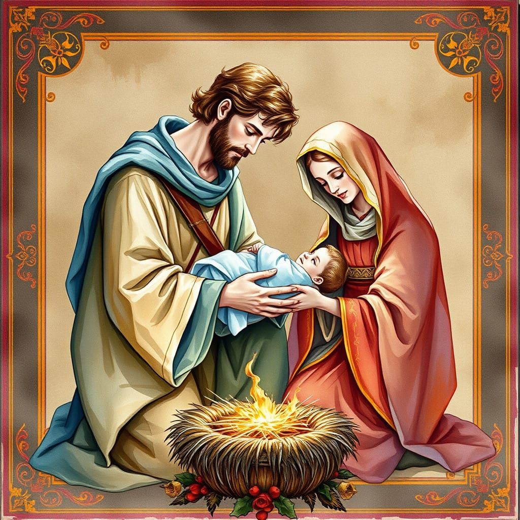 Serene Watercolor Nativity Scene with Elegant Christmas Colo...