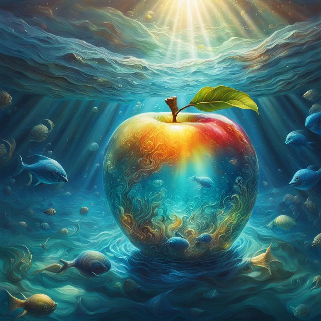 Magical Underwater Scene with Glowing Apple, Oil Painting