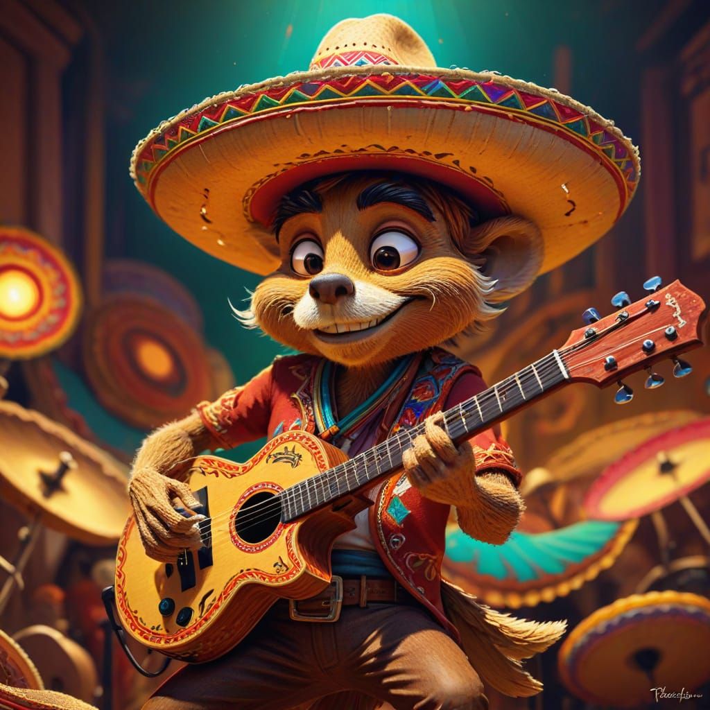 The famous cartoon character Speedy Gonzales. Depicted playing his guitar