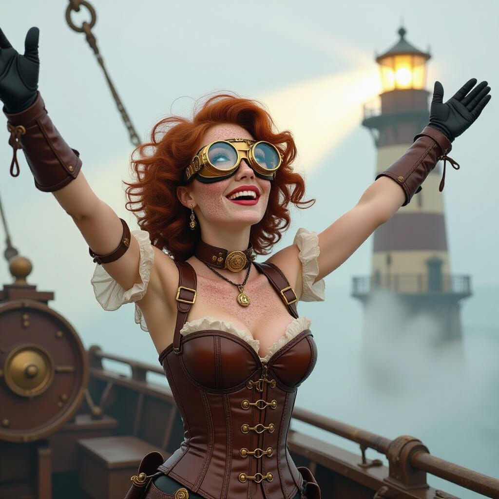 Steampunk Airship Captain Celebrates Lighthouse Beam