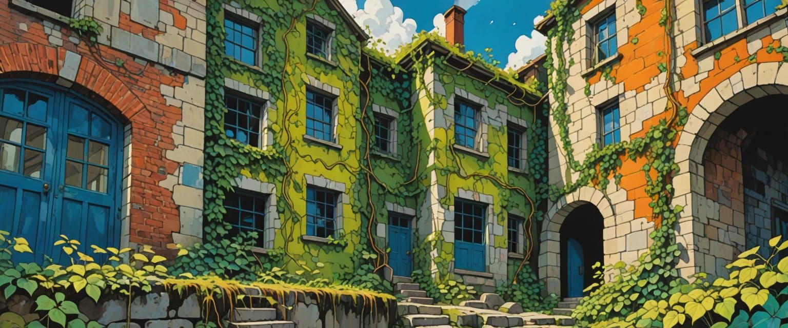 Colorful Comic Book Scene of Abandoned Factory