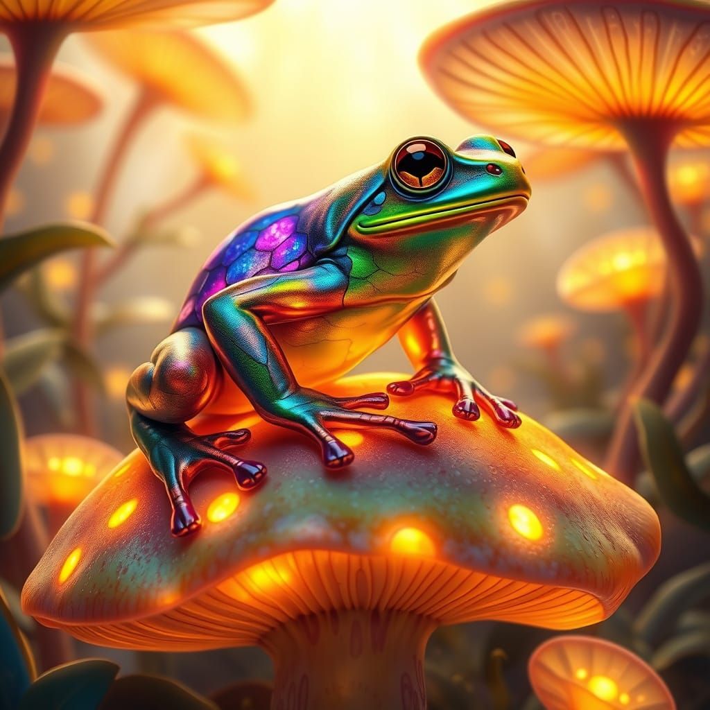 Frog in Glowing Mushroom Landscape