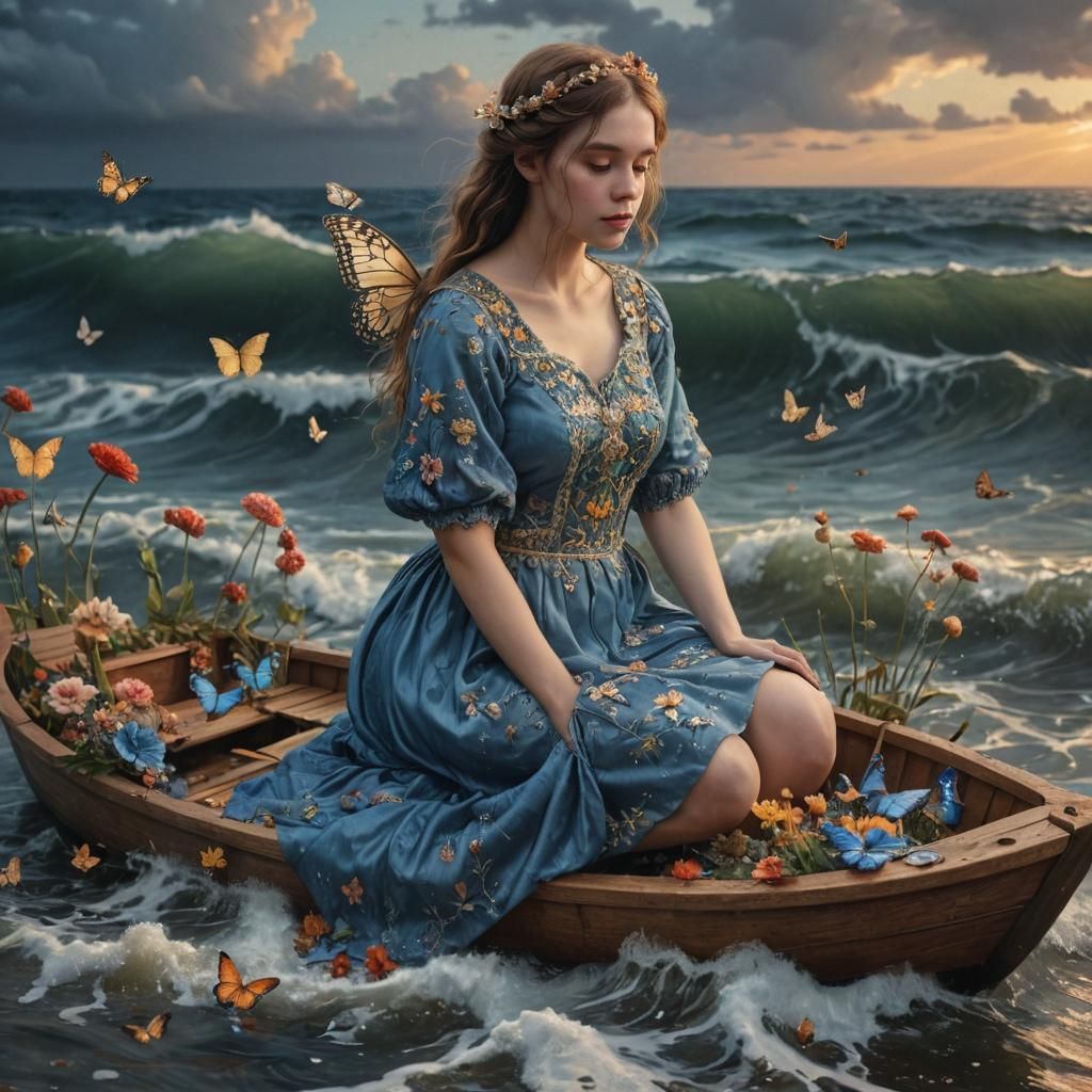 Fantasy Woman in Boat Amidst Stormy Seas