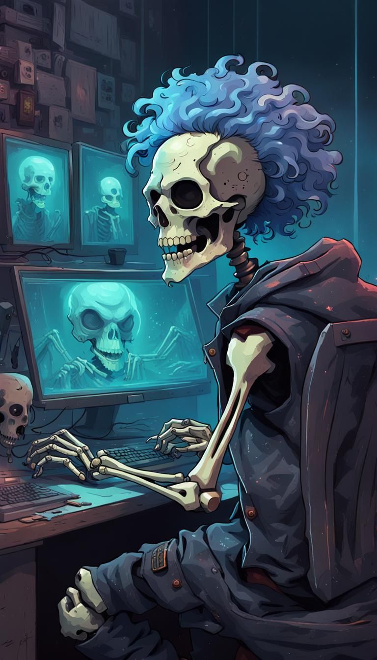 Cyberpunk Skeleton Gamer with Haunted Eyes
