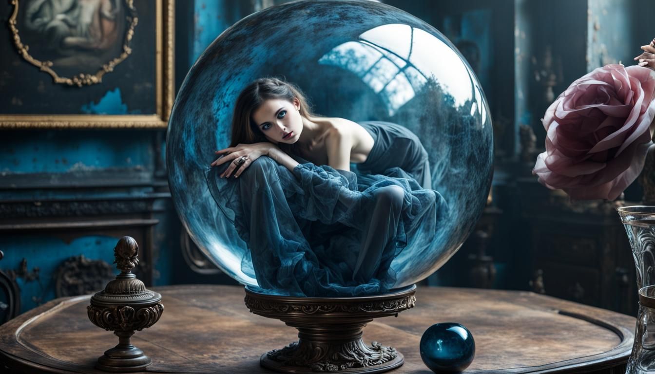 Grotesque Blue Girl in Glass Sphere: Gothic Surrealism