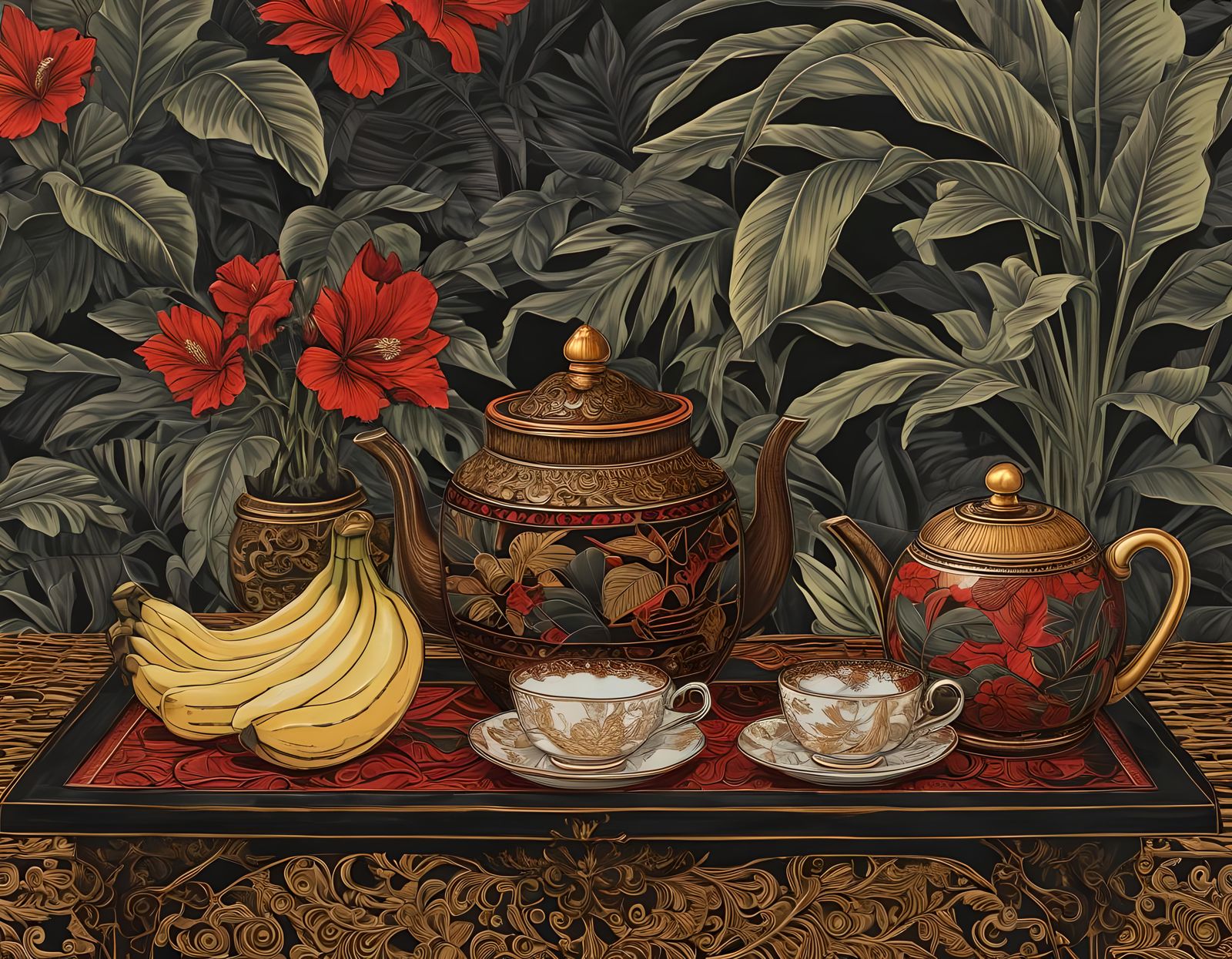 Woodcut Print of Teapot with Bananas