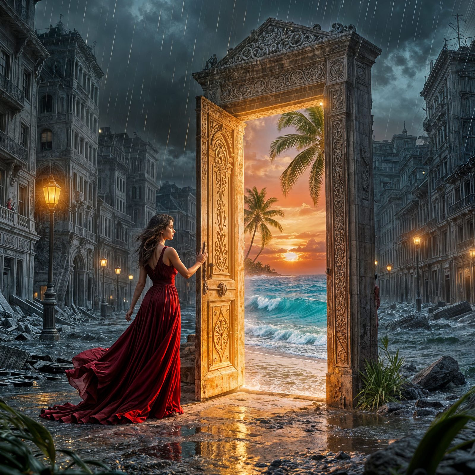 Woman in Red Dress Opens Door to Paradise in Rainy City
