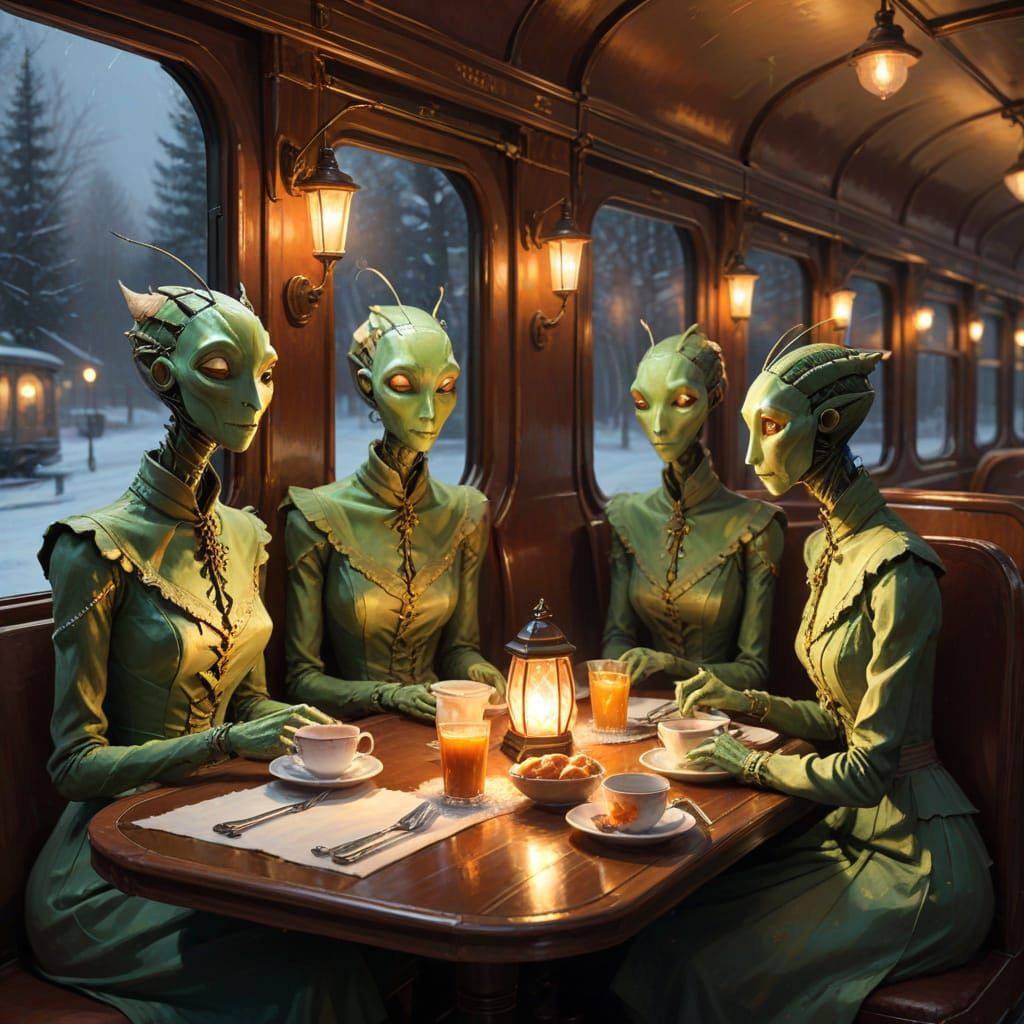 Victorian Mantis Characters in Train Dining Car as Impressio...