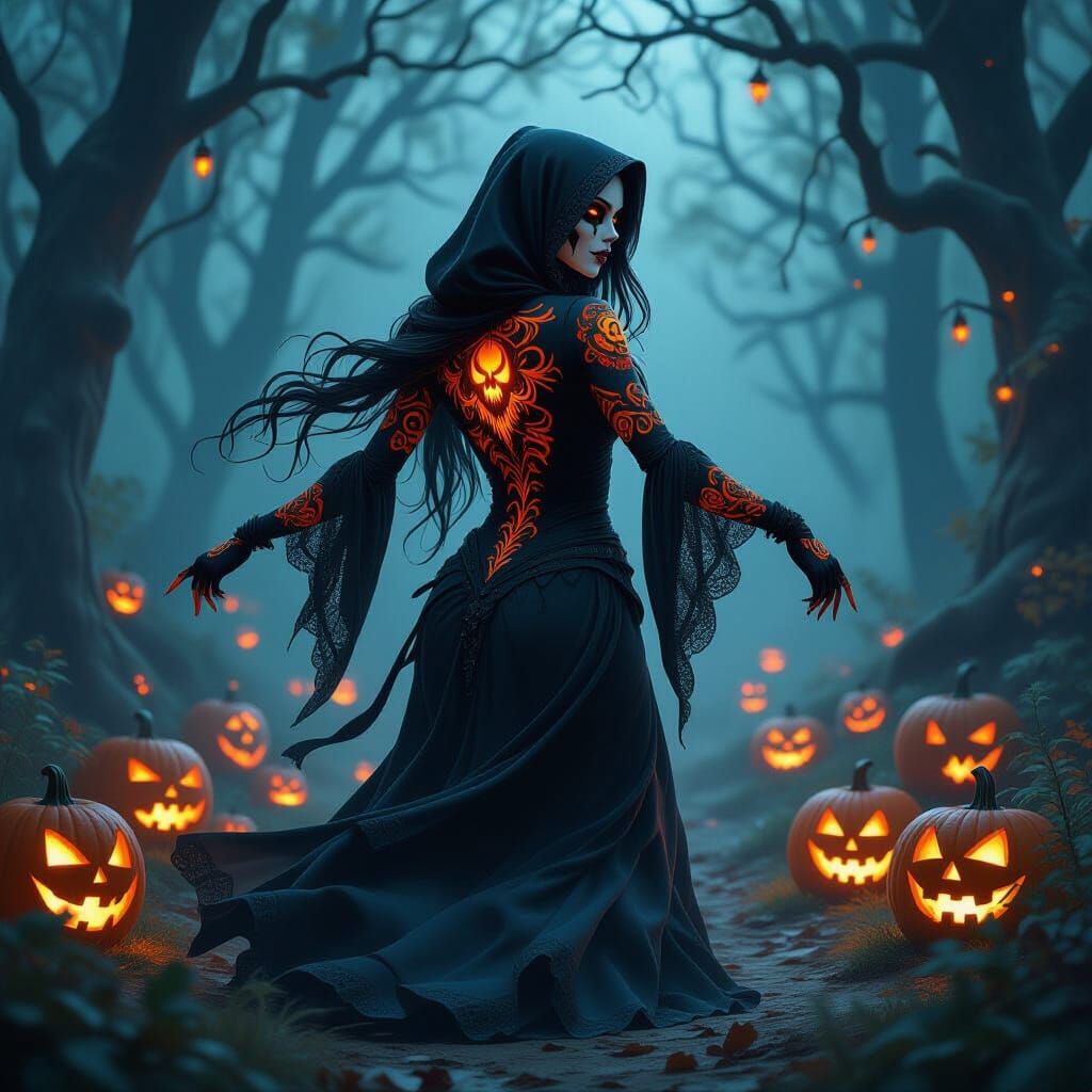 Female Grim Reaper Dancing in Enchanted Forest