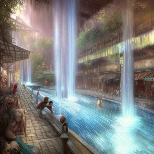 Magical Bathhouse with Waterfall Fountain in Cyberpunk Style