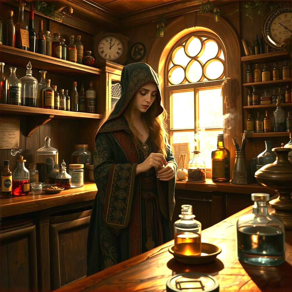 Whimsical Apothecary Scene in Traditional Art Style
