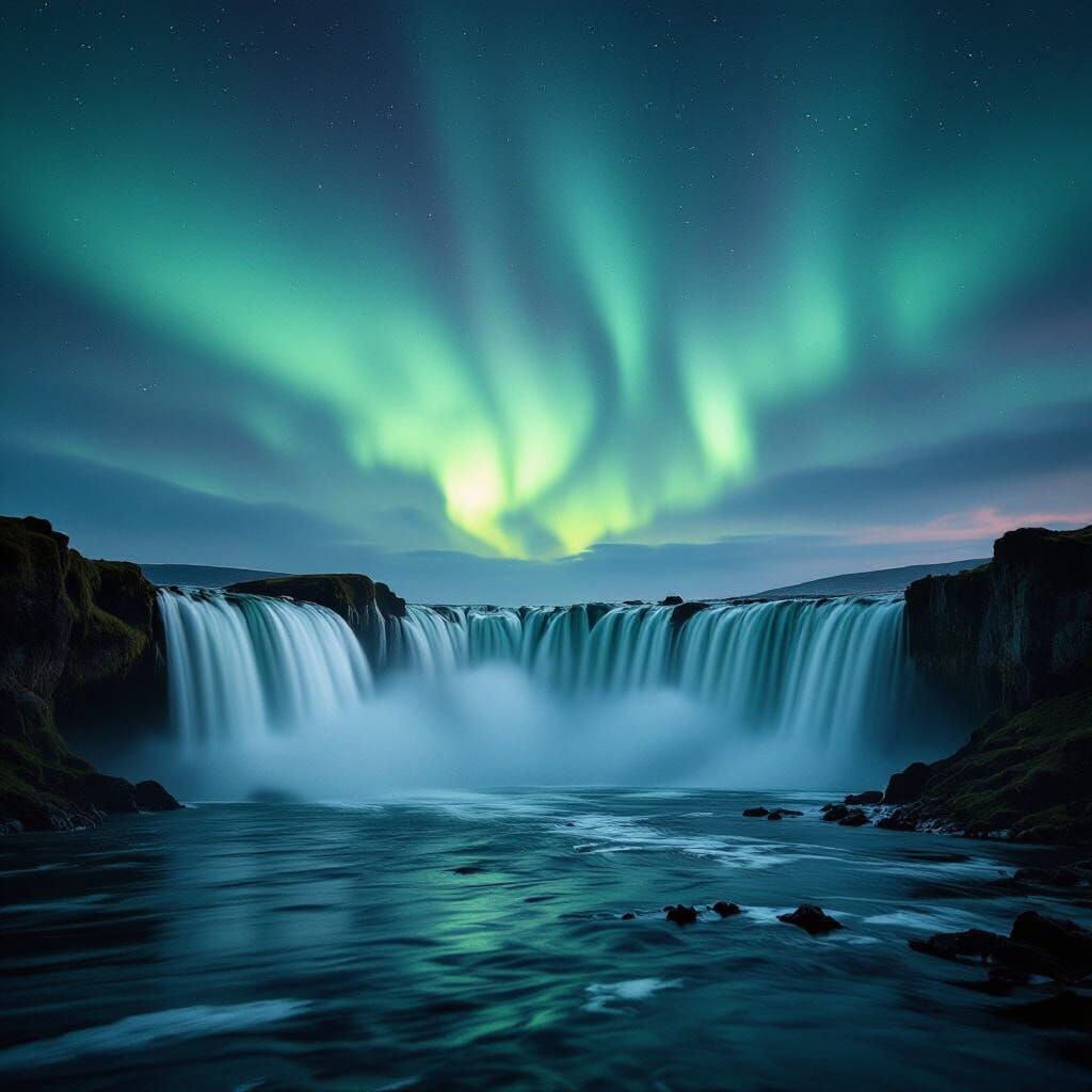 Aurora Lights Waterfall: Cinematic 35mm Photography