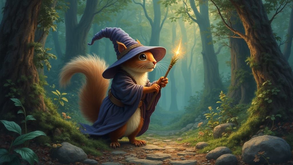Squirrel Wizard in Enchanted Forest, Oil Paint Style
