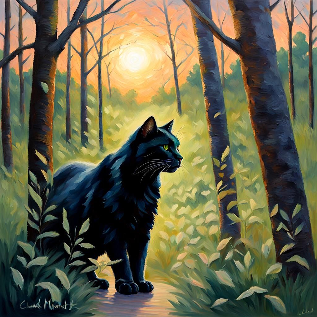 Black Cat Hunting Mouse in Impressionist Twilight